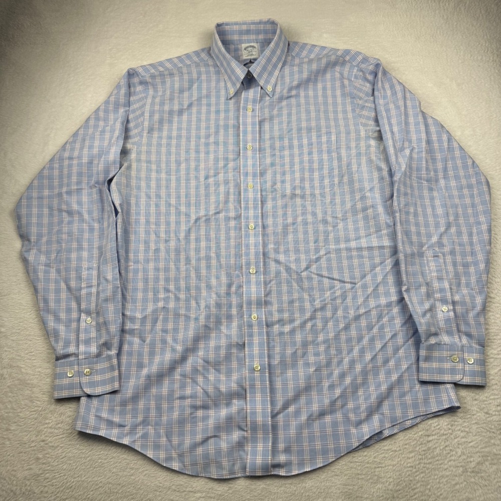 Brooks Brothers 346 Button Down Shirt Mens 16.5 6/7 Blue Slim Fit Plaid Non-Iron